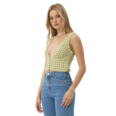 Afends Womens Darcy Check Button Top - Lemongrass Check