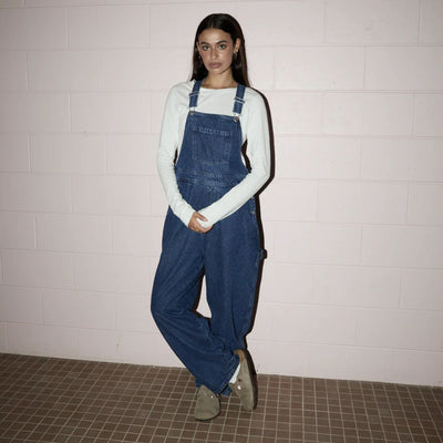 Afends Womens Louis Hemp Denim Oversized Overalls - Authentic Blue