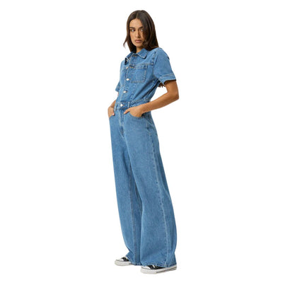 Afends Womens Miami Hemp Denim Flared Jumpsuit - Worn Blue