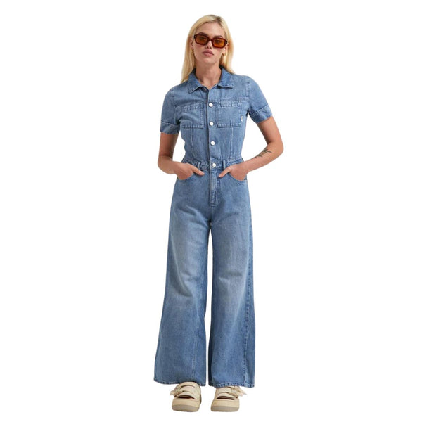 Afends Womens Miami - Hemp Denim Flared Jumpsuit - Authentic Blue