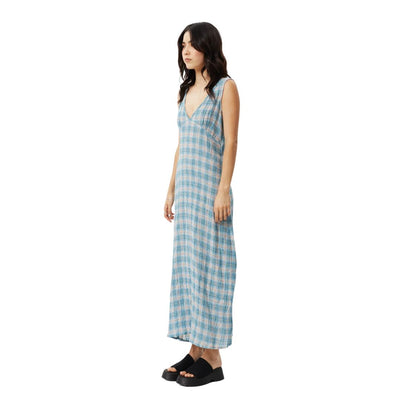 Afends Womens Position Seersucker Check Maxi Dress - Lake Check