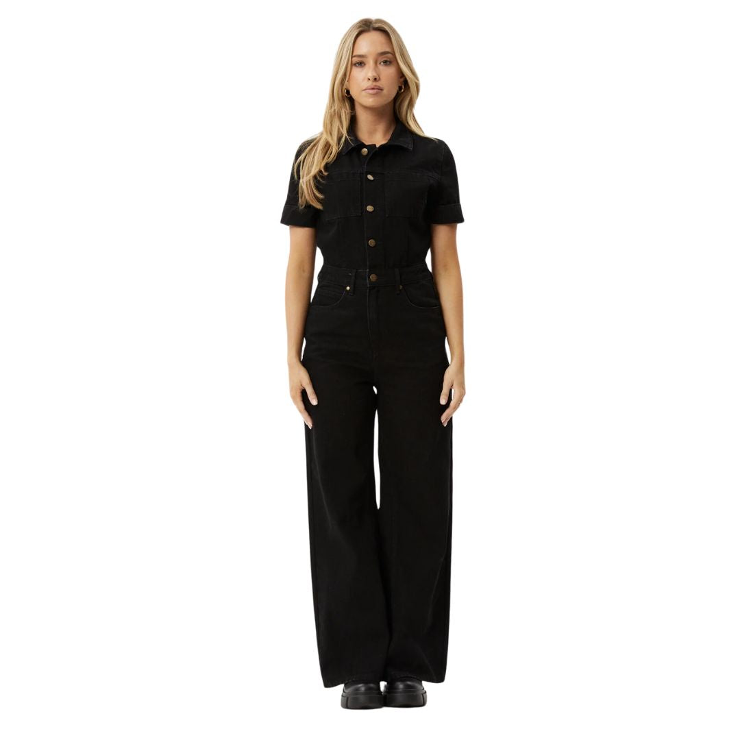 Afends Womens Miami Organic Denim Flared Leg Jumpsuit - Washed Black